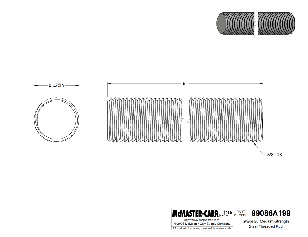 Technical Drawing of Grade B7 Medium-Strength Steel Threaded Rod, Zinc Yellow-Chromate Plated, 5/8"-18 Thread Size, 6 Feet Long.